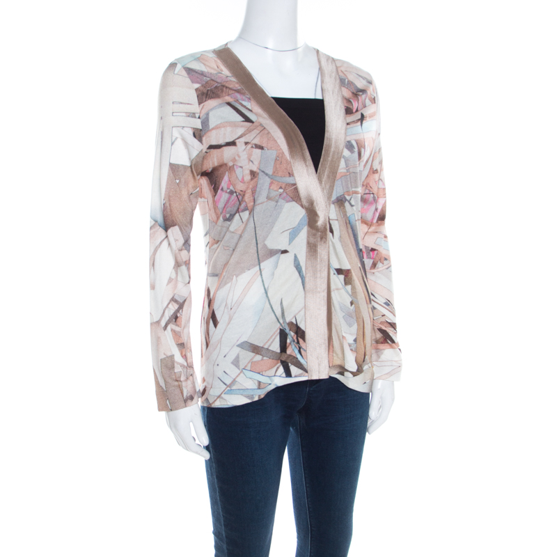 Pre-owned Escada Feather Brown Abstract Print Knit Button Front Soad Cardigan S In Beige