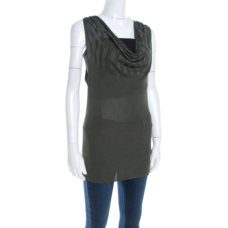 

Escada Cactus Green Rib Knit Cowl Neck Detail Sleeveless Selali Blouse