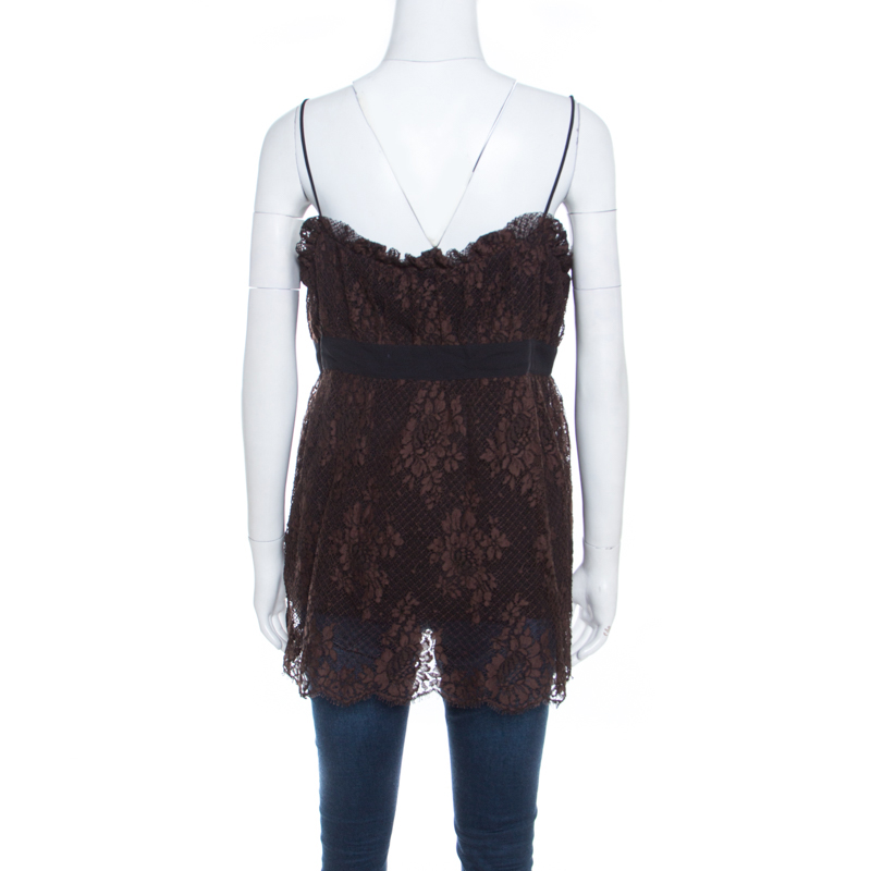 Pre-owned Escada Brown Floral Cotton Lace Babydoll Top L