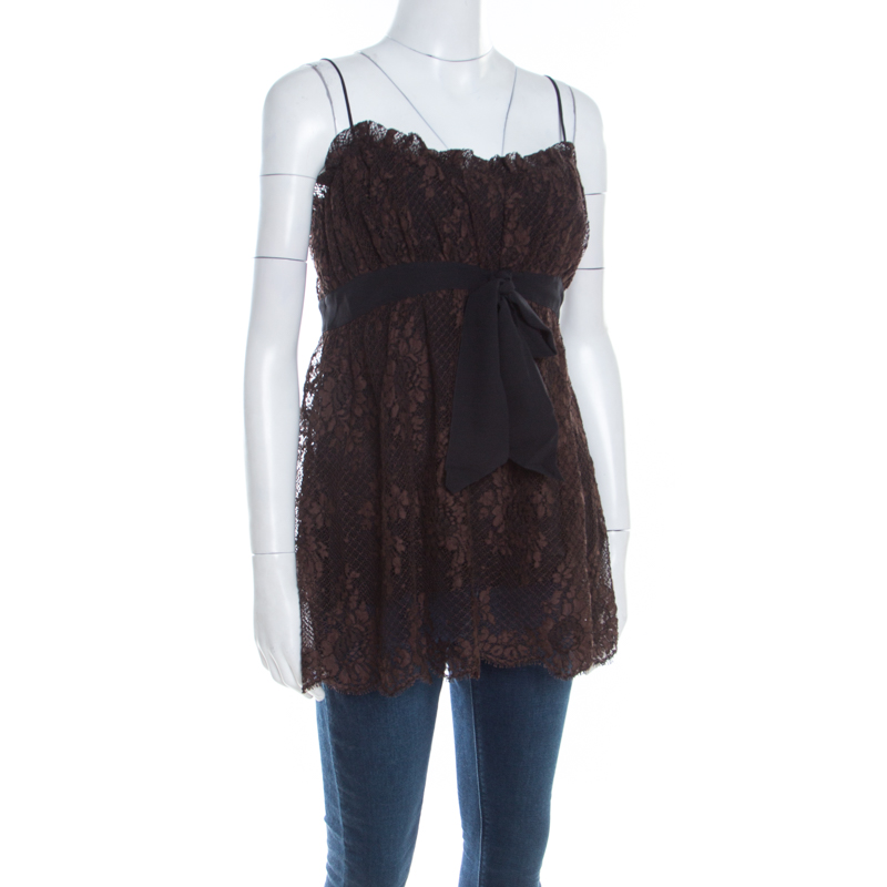 Pre-owned Escada Brown Floral Cotton Lace Babydoll Top L
