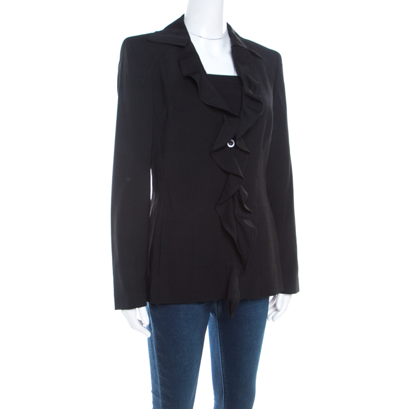 Pre-owned Escada Black Wool Crepe Ruffled Front Buttoned Jacket M