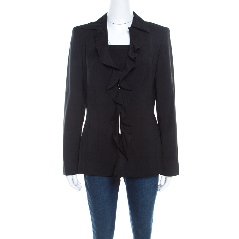 

Escada Black Wool Crepe Ruffled Front Buttoned Jacket