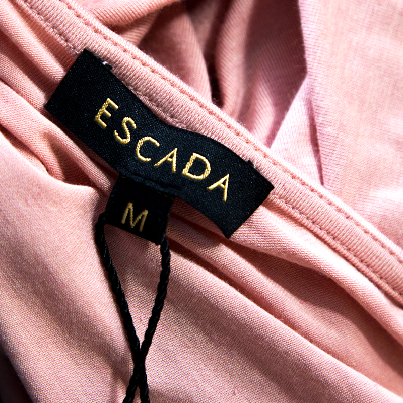 Pre-owned Escada Bellini Pink Diamond Pattern Pleated Jersey Cap Sleeve Estrelle Top M