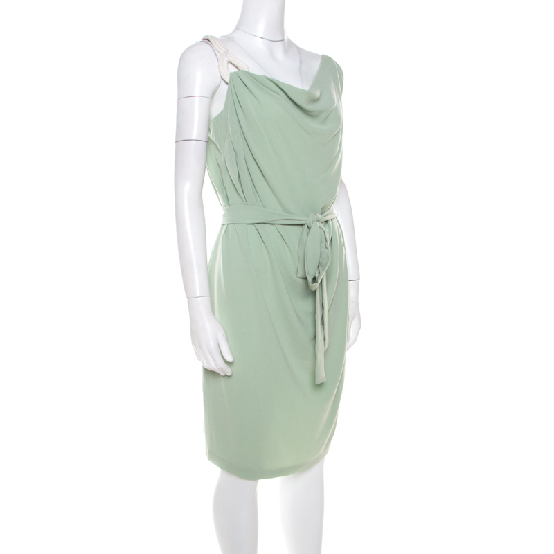 

Escada Pistachio Green Crepe Contrast Trim Draped Sleeveless Doutzen Dress