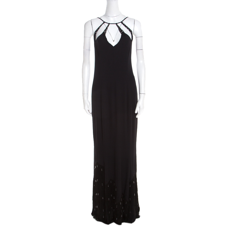 

Escada Black Crepe Silk Sequin Embellished Fringed Hem Evening Dress