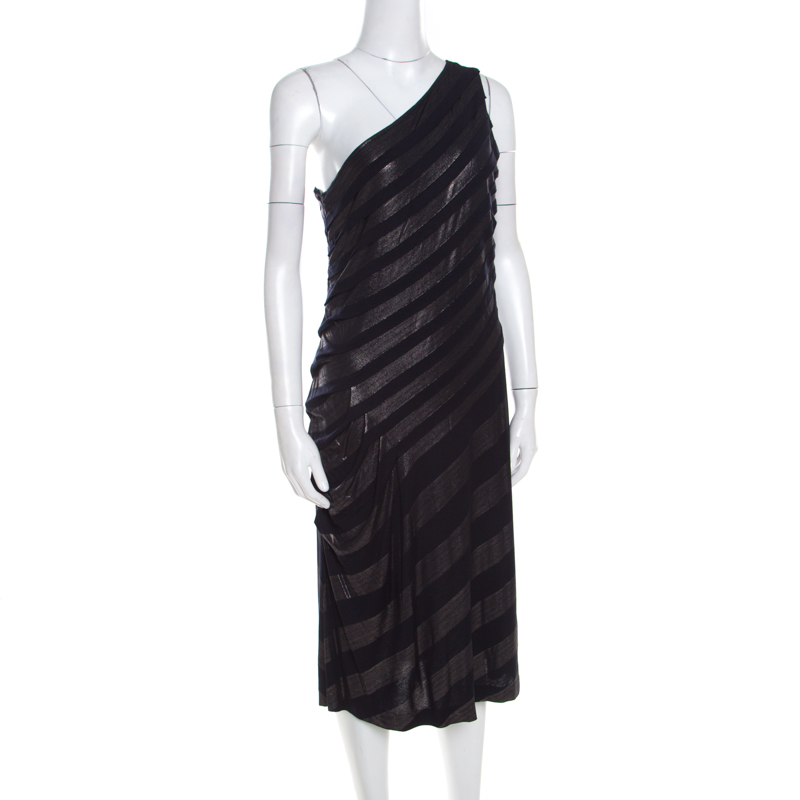 

Escada Navy Blue Striped Foil Print Jersey Draped One Shoulder Eyline Dress