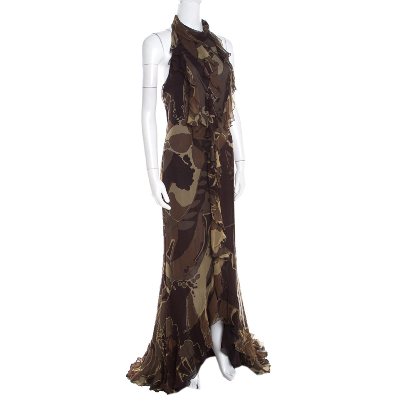 Pre-owned Escada Green And Brown Fauna Print Plisse Silk Ruffled Halter Maxi Dress M In Multicolor