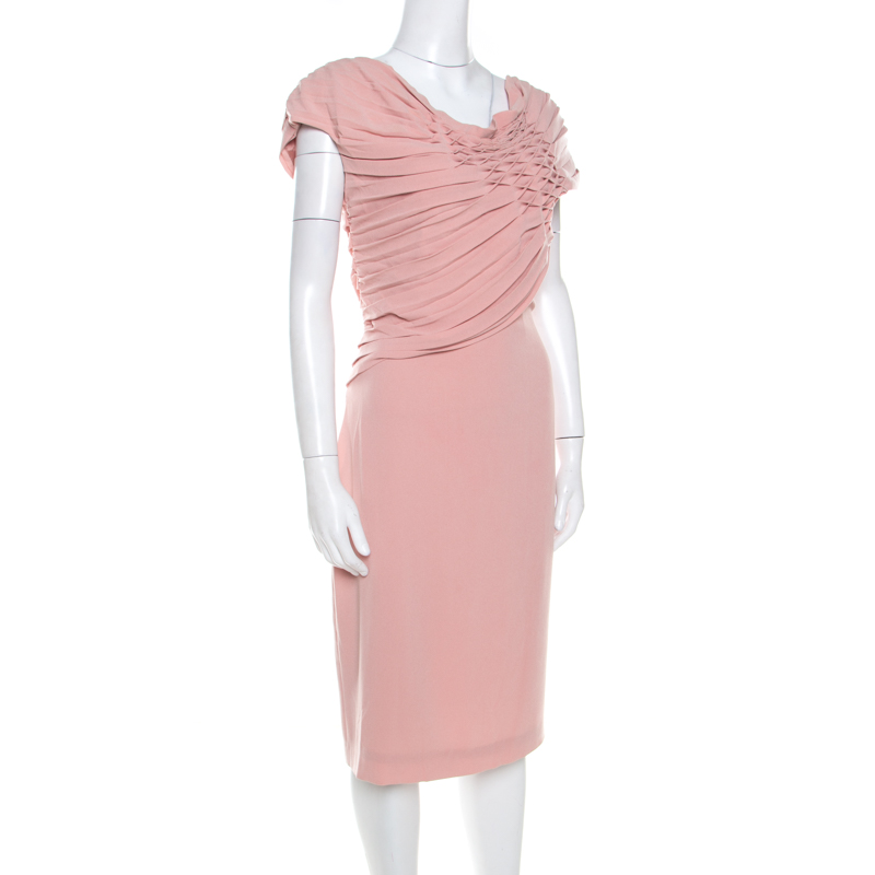 

Escada Bellini Pink Crepe Pinch Pleat Draped Dyani Dress