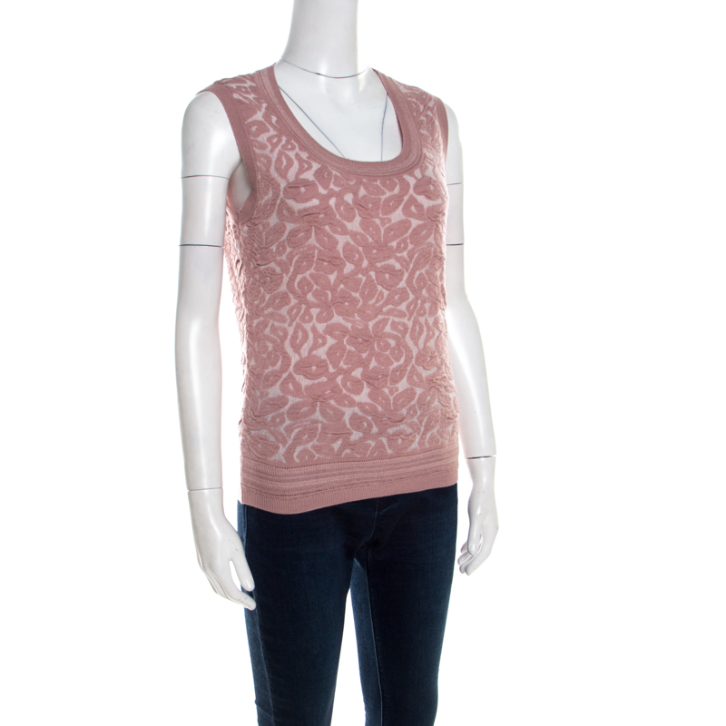 Pre-owned Escada Dark Tender Rose Floral Jacquard Knit Sleeveless Shela Top S In Pink