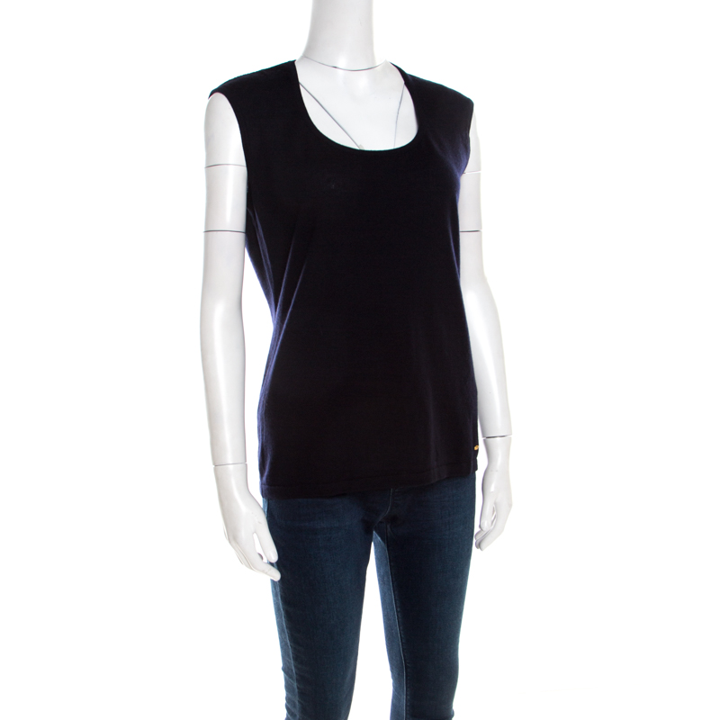 

Escada Navy Blue Rib Knit Wool Sleeveless Stellas Top