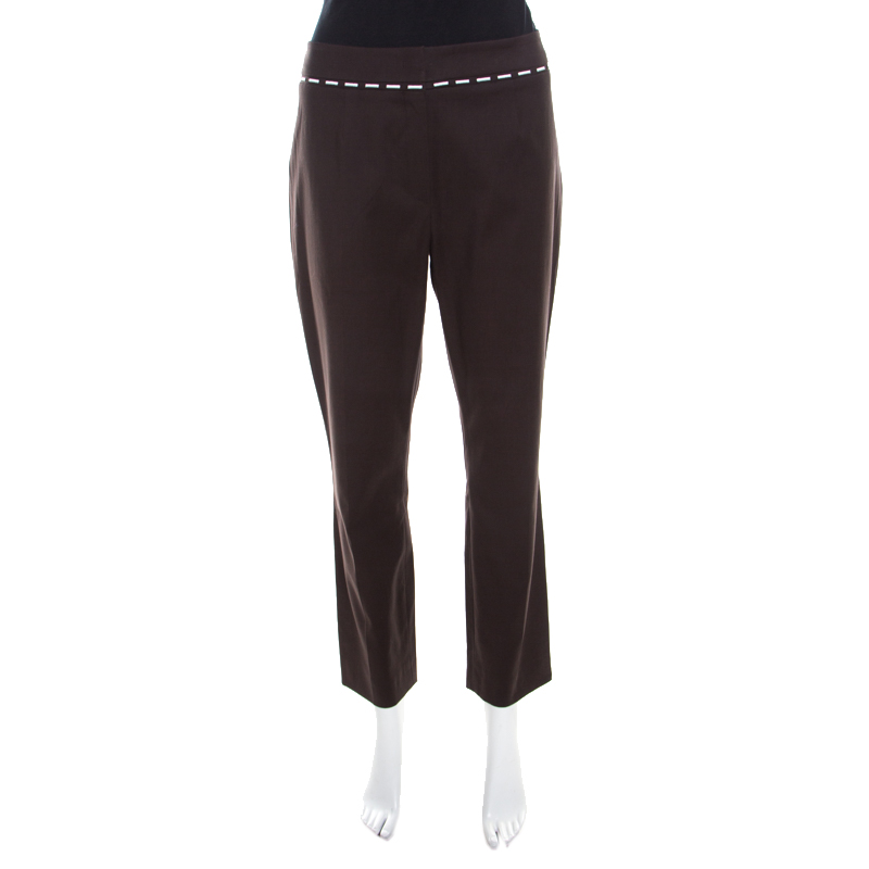 

Escada Mocca Brown Stretch Cotton Embroidered Waist Detail Cropped Pants