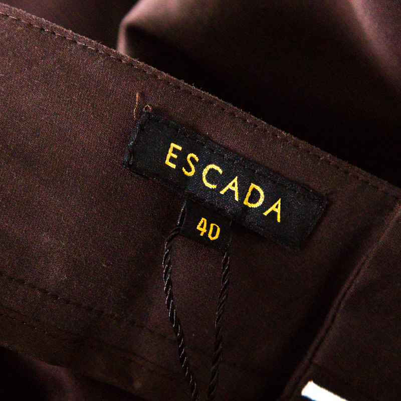 Pre-owned Escada Mocca Brown Stretch Cotton Embroidered Waist Detail Cropped Trousers L