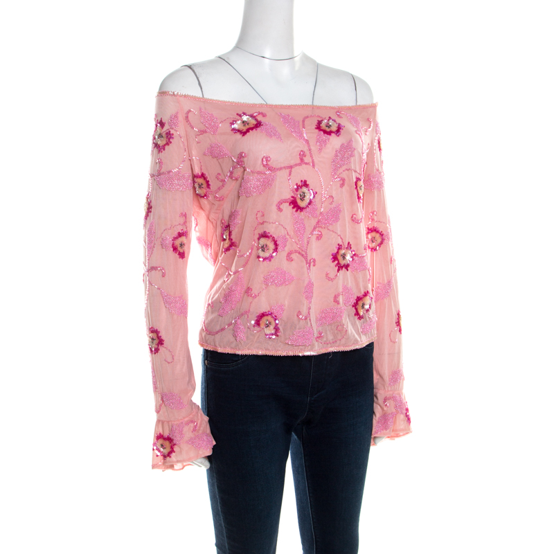 Pre-owned Escada Pink Tulle Overlay Floral Embellished Off Shoulder Blouse L
