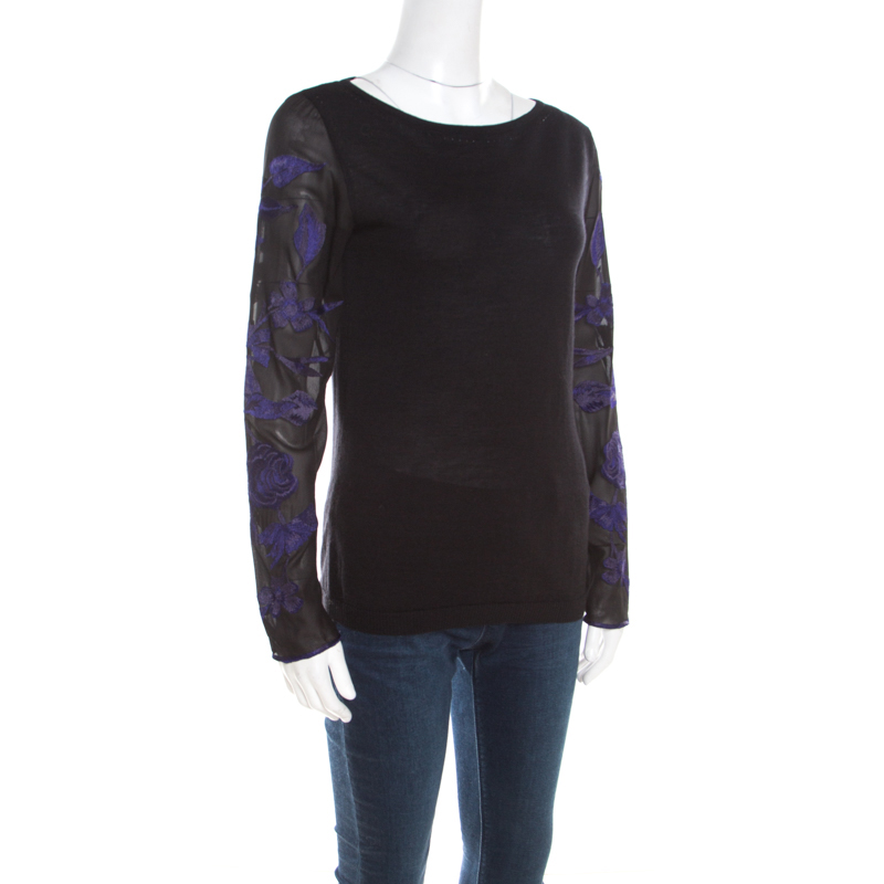 Pre-owned Escada Black Silk Wool Knit Floral Embroidered Long Sleeve Top S