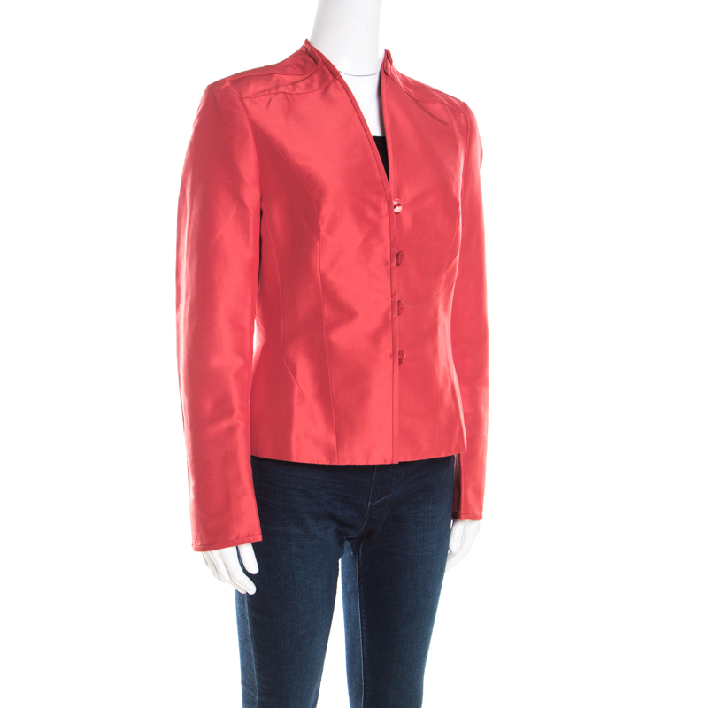 Pre-owned Escada Orange Silk Pleat Detail Tailored Button Front Blazer M