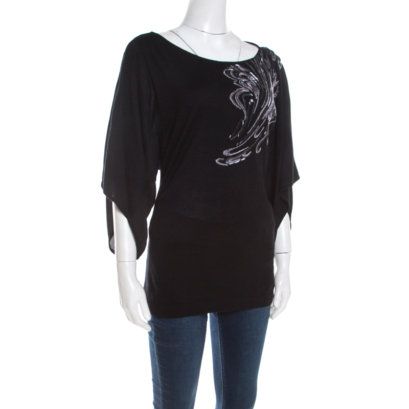 

Escada Black Stretch Knit Embellished Waterfall Sleeve Top