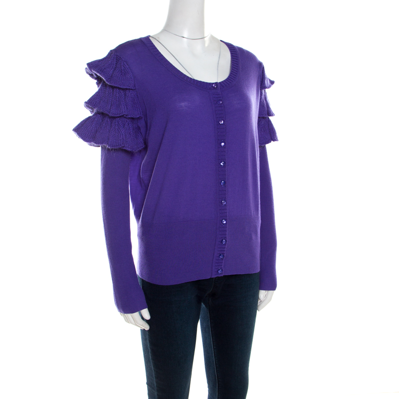 Pre-owned Escada Purple Mohair Wool Ruffle Tiered Detail Button Front Cardigan L