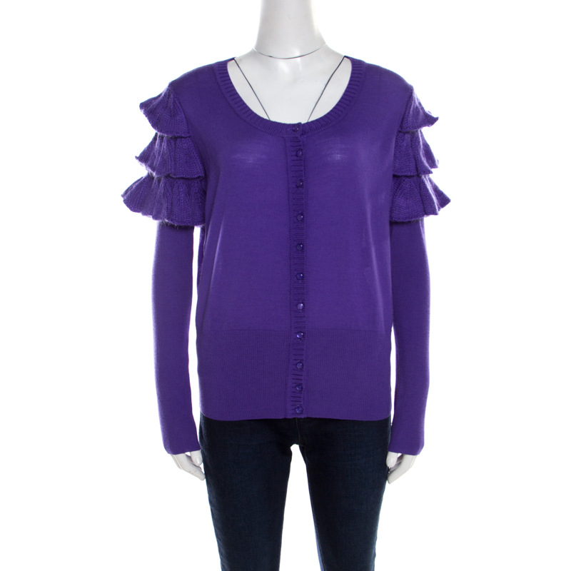 

Escada Purple Mohair Wool Ruffle Tiered Detail Button Front Cardigan
