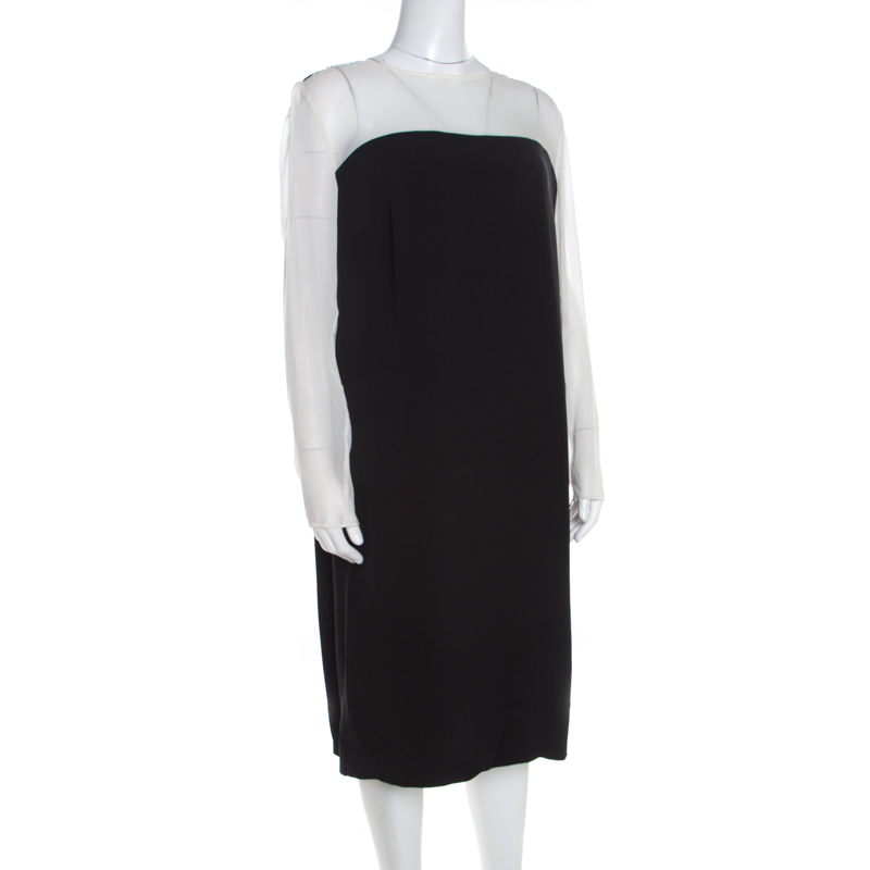 Pre-owned Escada Monochrome Sheer Yoke Detail Long Sleeve Dary Dress L In Black