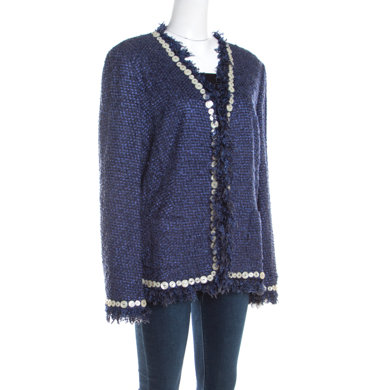 

Escada Blue Textured Fringed Edge Button Embellished Boucle Jacket