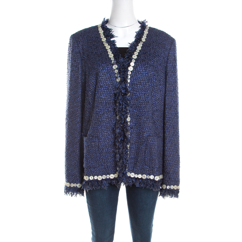 Escada Blue Textured Fringed Edge Button Embellished Boucle Jacket XL ...