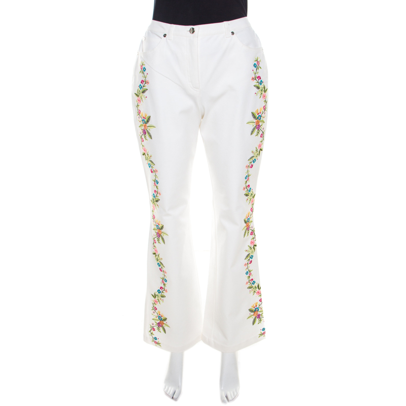 

Escada White Cotton Stretch Denim Floral Embroidered Detail Flared Trousers