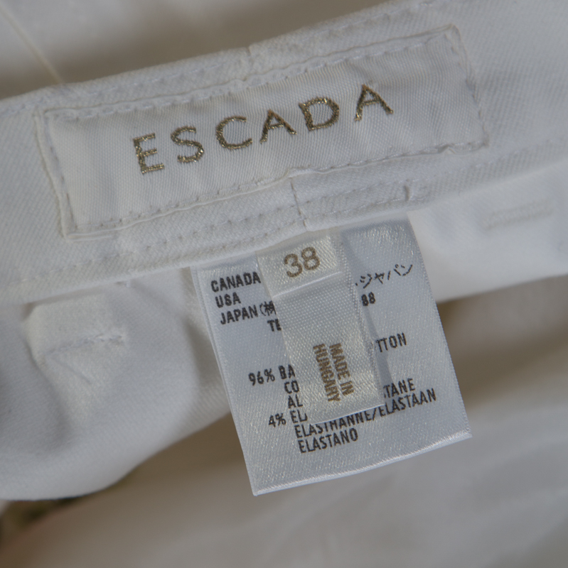 Pre-owned Escada White Cotton Stretch Denim Floral Embroidered Detail Flared Trousers M