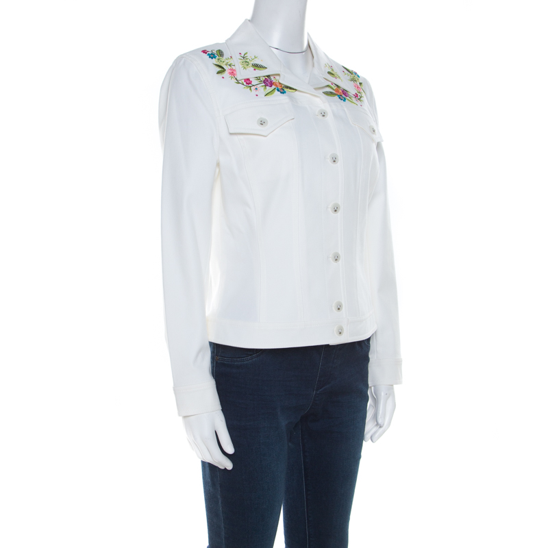 

Escada White Denim Floral Embroidered Jacket