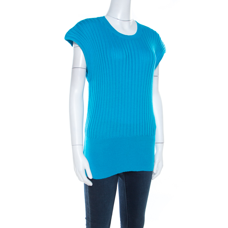 Pre-owned Escada Blue Cotton Ribbed Knit Crew Neck Top L