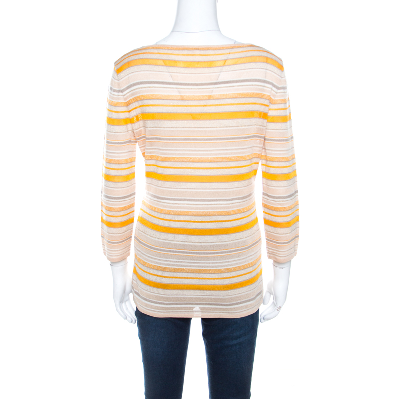 Pre-owned Escada Beige And Orange Stripes Knit Long Sleeve Top L