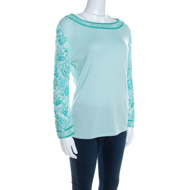 

Escada Mint Green Knit Embellished Long Sleeve Top