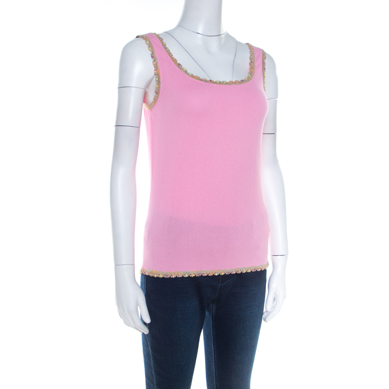 Pre-owned Escada Baby Pink Stretch Knit Sequined Lace Trim Sleeveless Top M