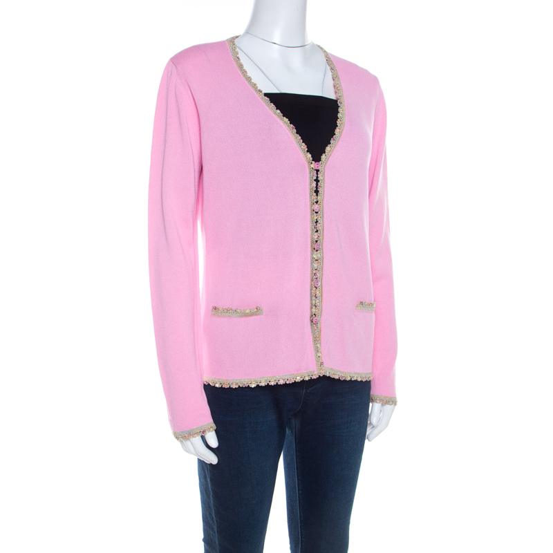 

Escada Pink Knit Sequined Lace Trim Button Front Cardigan