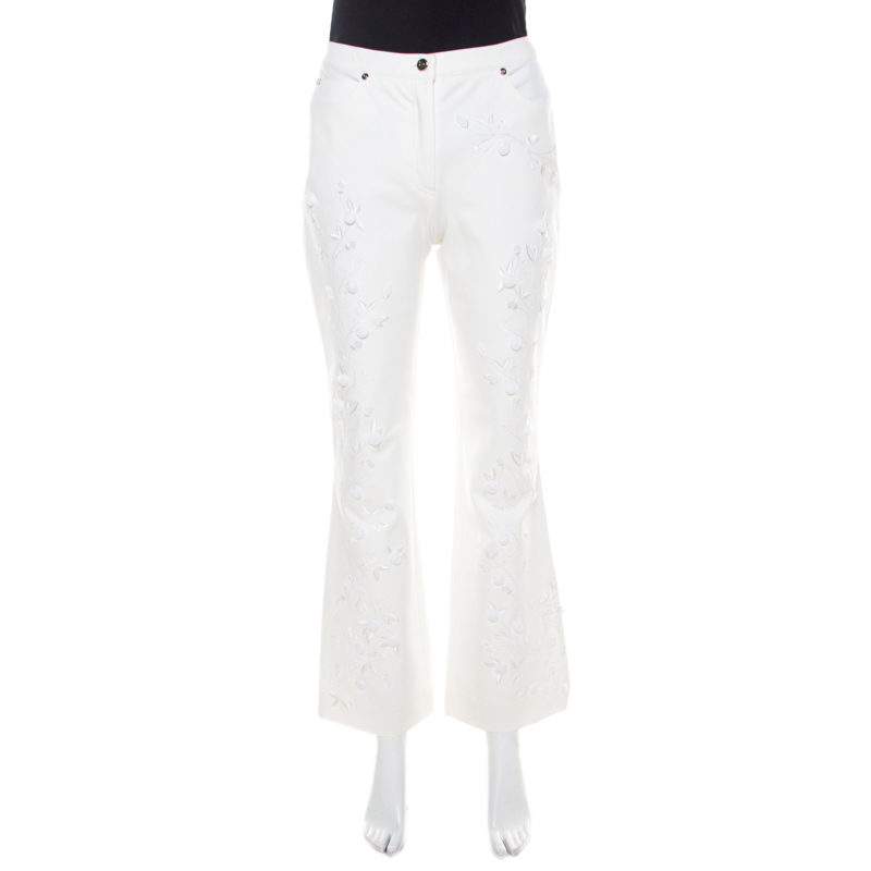 White Cotton Twill Denim Sequined Rosette Applique Flared Jeans