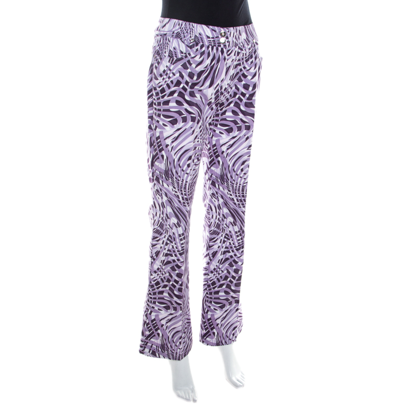 Pre-owned Escada Purple Abstract Print Cotton Flared Trousers M