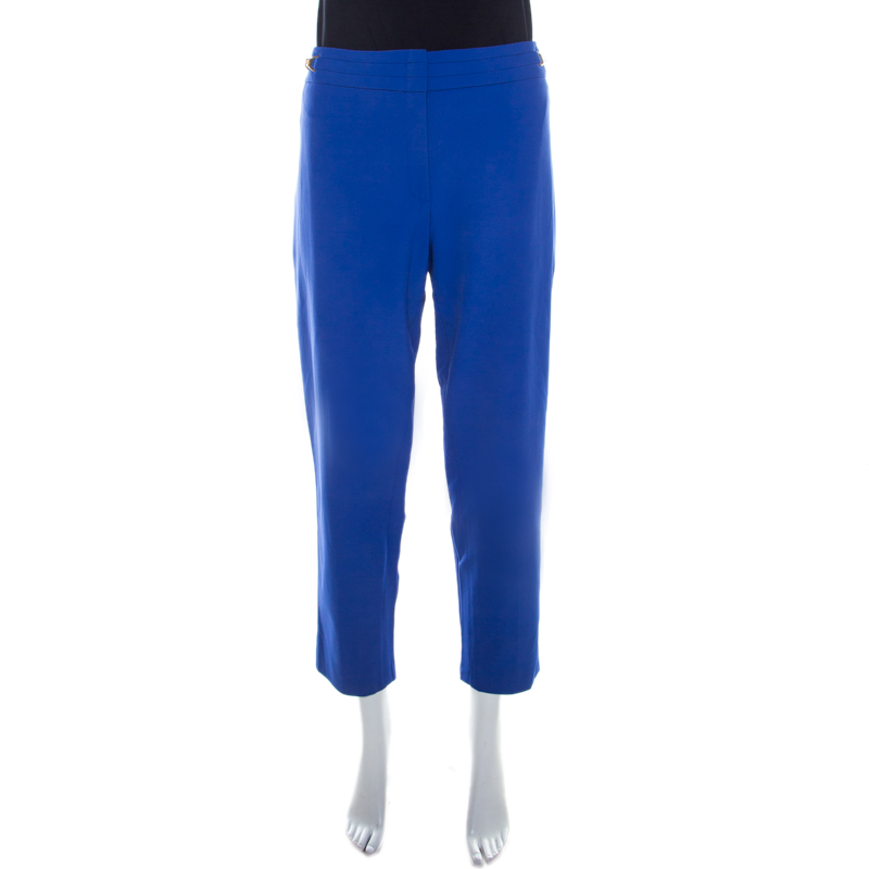 

Escada Cobalt Blue Stretch Crepe Waist Buckle Detail Tapered Pants XL