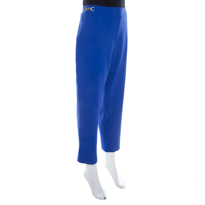 Pre-owned Escada Cobalt Blue Stretch Crepe Waist Buckle Detail Tapered Pants Xl