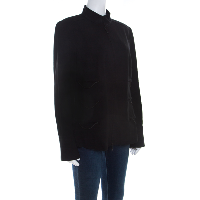 Pre-owned Escada Black Wool Crepe Chain Detail Stand Collar Jacket L