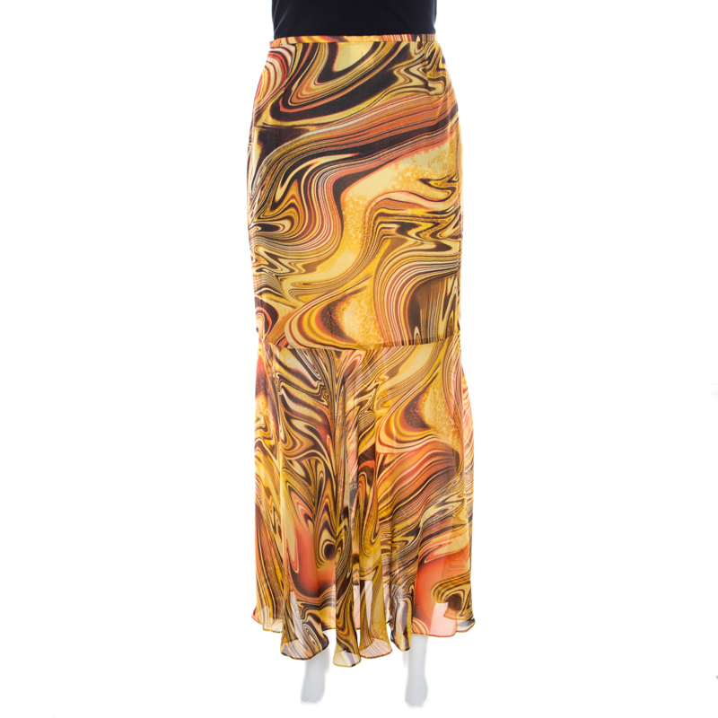 Pre-owned Escada Silk Chiffon Yellow Abstract Print Sheer Hem Skirt M