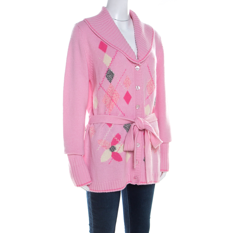 

Escada Pink Cashmere Argyle Embroidered Detail Belted Cardigan