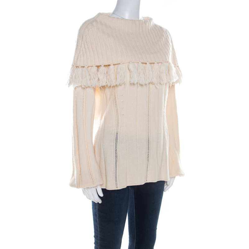 

Escada Ivory Chunky Knit Wool and Silk Fringed Roll Neck Swanhilde Sweater, Cream