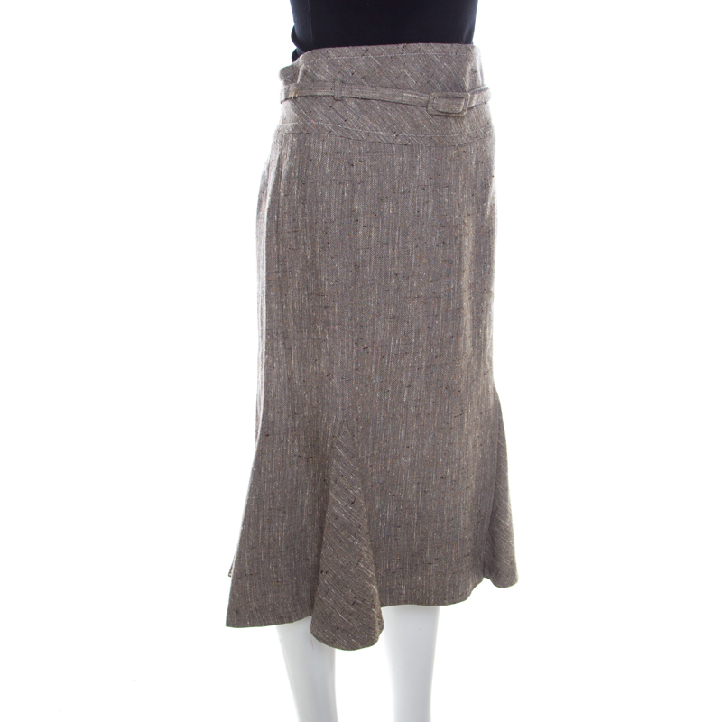 

Escada Grey Silk and Wool Textured Belted Godet Skirt