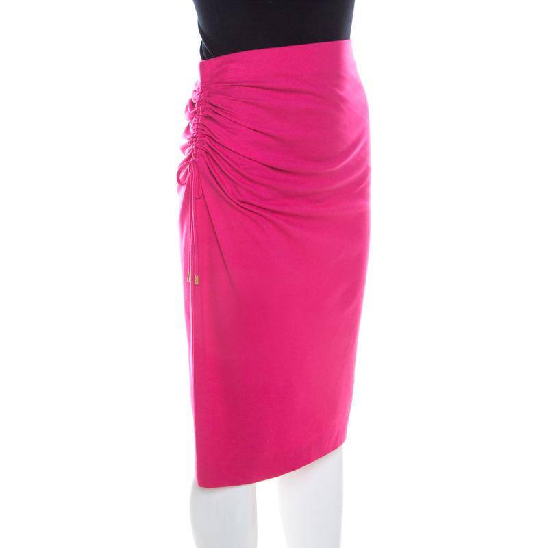 Pre-owned Escada Blossom Pink Knit Gathered Detail Relas Pencil Skirt M