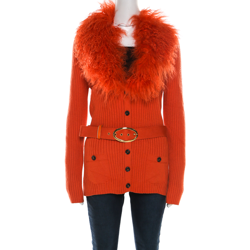 Escada Orange Silk Wool Detachable Fuzzy Collar Detail Belted Cardigan L