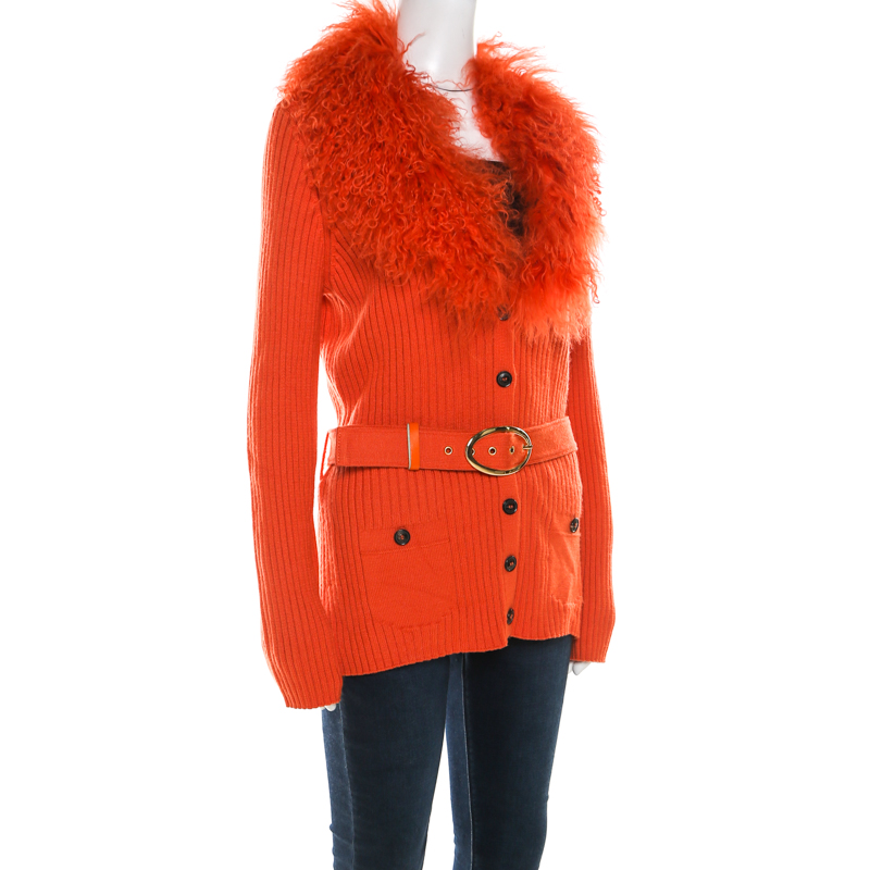 

Escada Orange Silk Wool Detachable Fuzzy Collar Detail Belted Cardigan