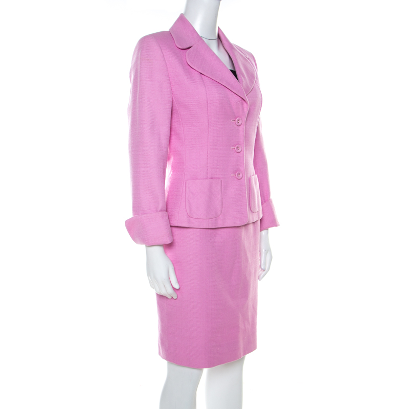 

Escada Pink Cotton Basketweave Tailored Skirt Suit Set