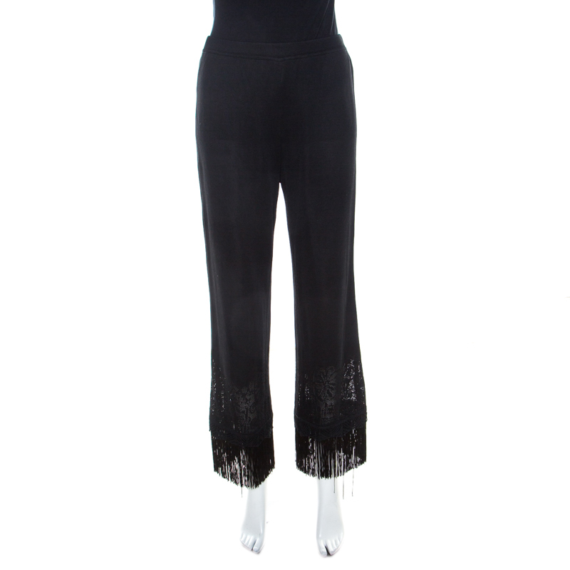 Escada Black Stretch Knit Fringed Hem Elasticized Waist Pants M 