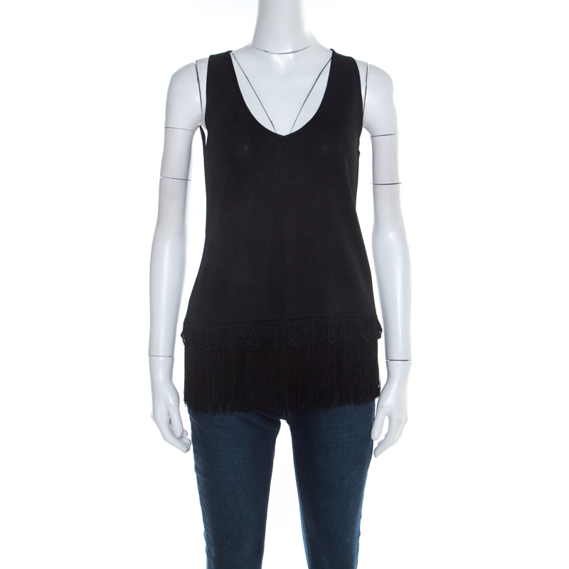 Escada Black Stretch Knit Fringed Hem Sleeveless Top M 