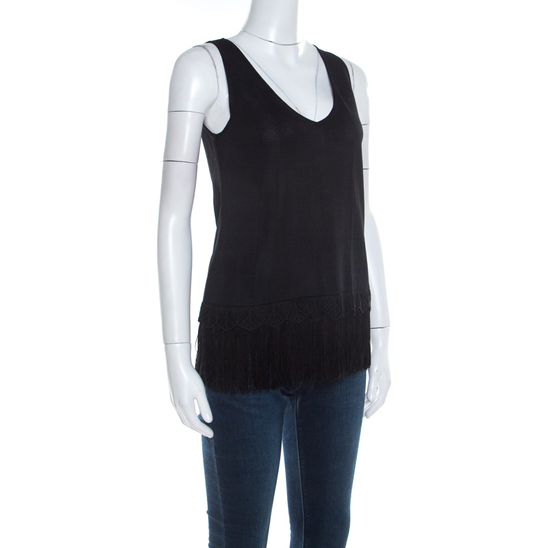 

Escada Black Stretch Knit Fringed Hem Sleeveless Top