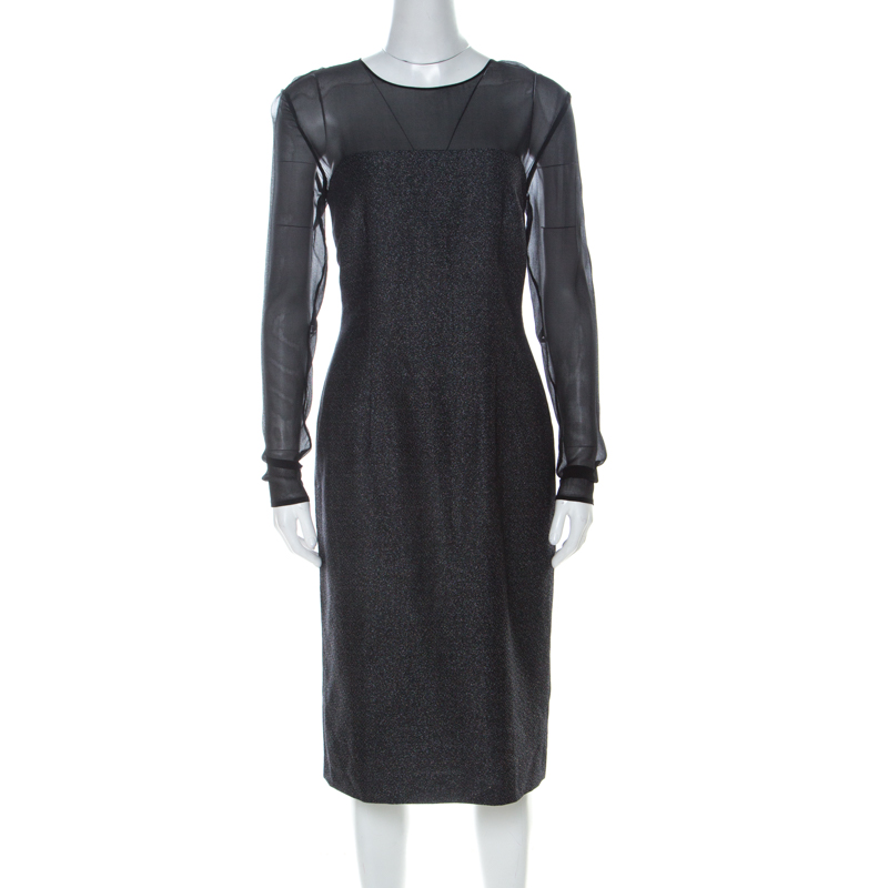 

Escada Metallic Grey Wool Blend Sheer Yoke Dariello Pencil Dress